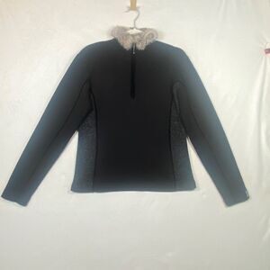 Meister 100% Merino Wool Rabbit Fur Collar 1/4 Zip Sweater Black Velvet Trim